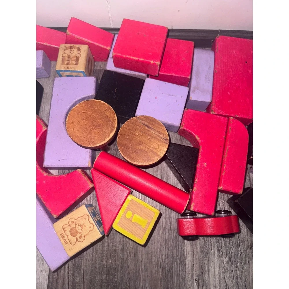 Vintage Wooden Building Blocks Set Assorted Shapes Colors Alphabet Blocks Car